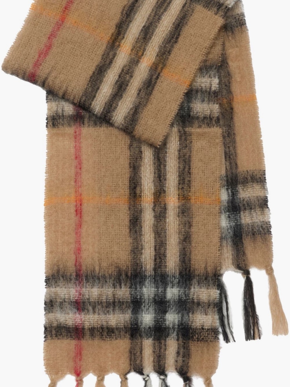 New Burberry Camel Plaid Fringe Scarf with Red and Orange Accents unsex